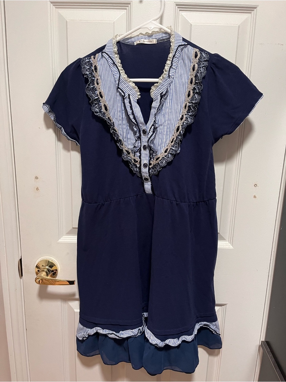 Navy Lace-Trim Maxi Dress with Striped Bib